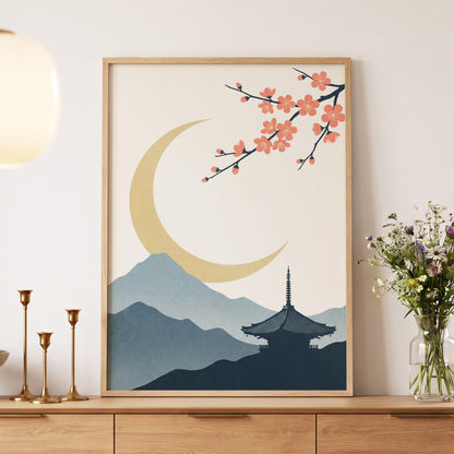 Crescent Blossom Vista, beige, gold, pink nature wall art displayed in a styled interior, gallery view 6