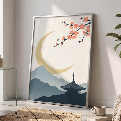 Crescent Blossom Vista, beige, gold, pink nature wall art displayed in a styled interior, gallery view 9