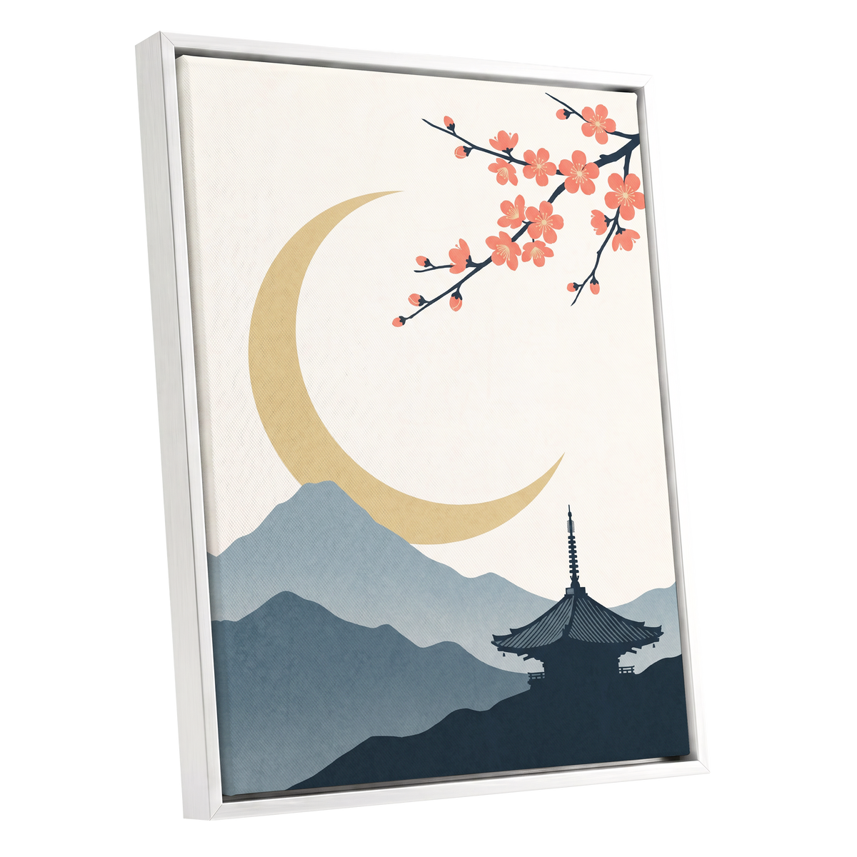 Crescent Blossom Vista, beige, gold, pink nature wall art shown as a white framed canvas wall art
