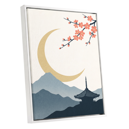 Crescent Blossom Vista, beige, gold, pink nature wall art shown as a white framed canvas wall art