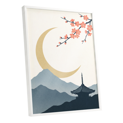 Crescent Blossom Vista, beige, gold, pink nature wall art shown as a white framed poster wall art print