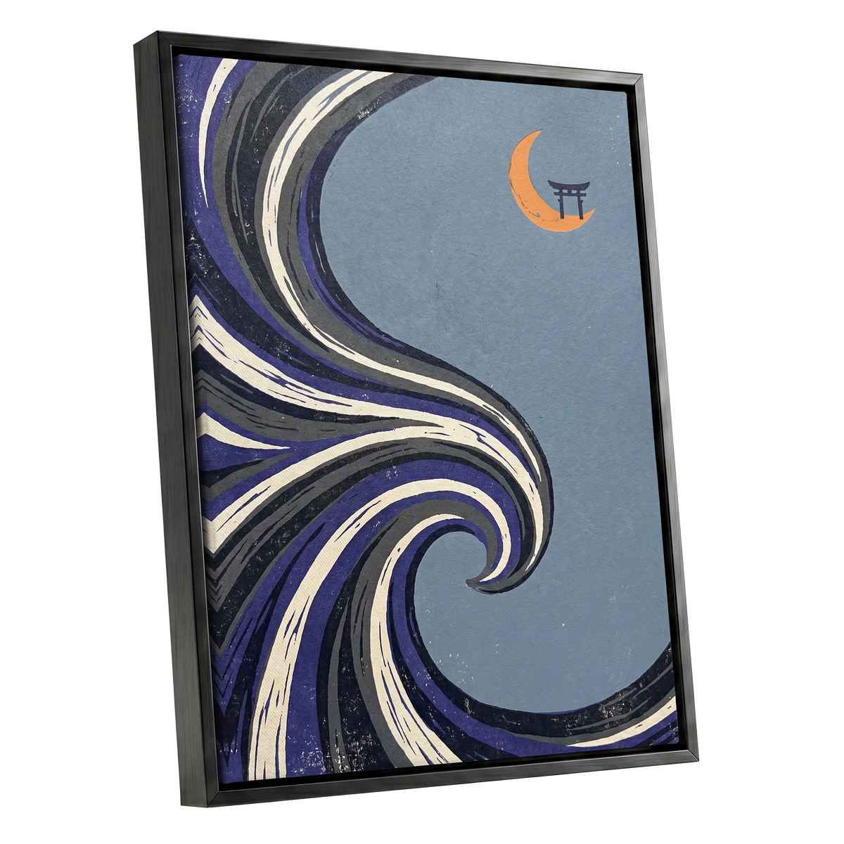 Crescent Current, blue, purple, black nature wall art shown as a black framed canvas wall art