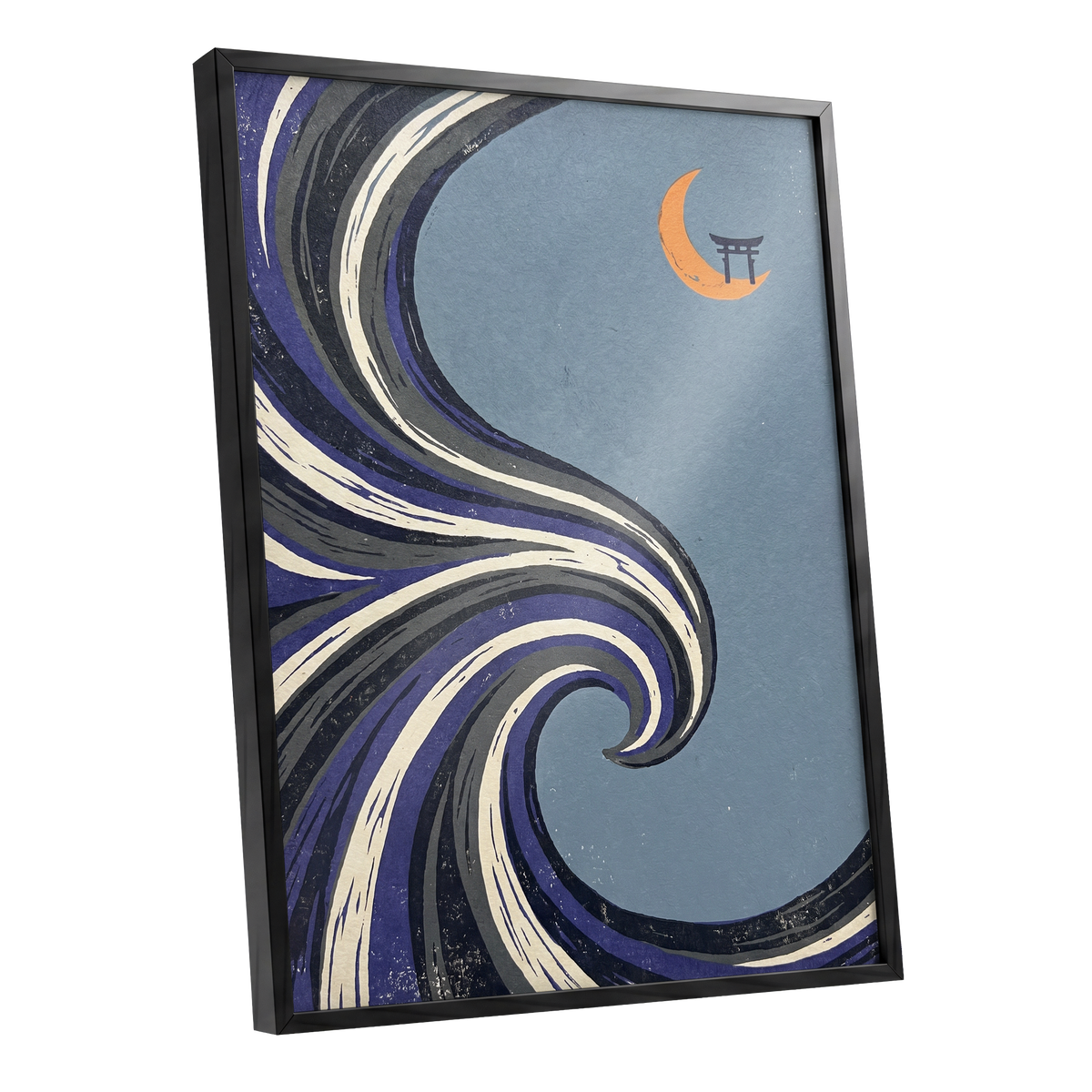 Crescent Current, blue, purple, black nature wall art shown as a black framed poster wall art print