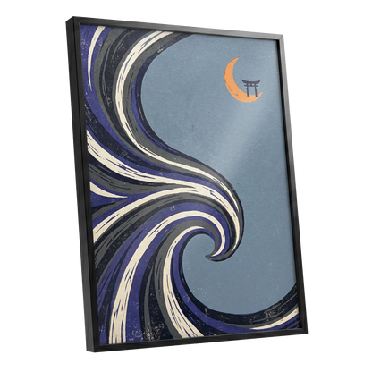 Crescent Current, blue, purple, black nature wall art shown as a black framed poster wall art print