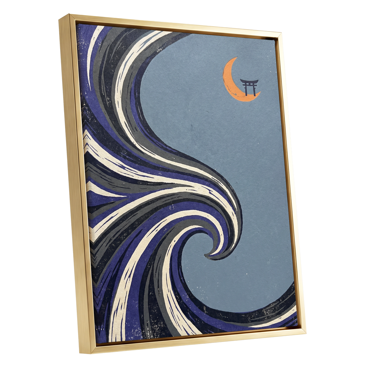 Crescent Current, blue, purple, black nature wall art shown as a gold framed canvas wall art