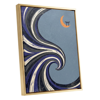 Crescent Current, blue, purple, black nature wall art shown as a gold framed canvas wall art