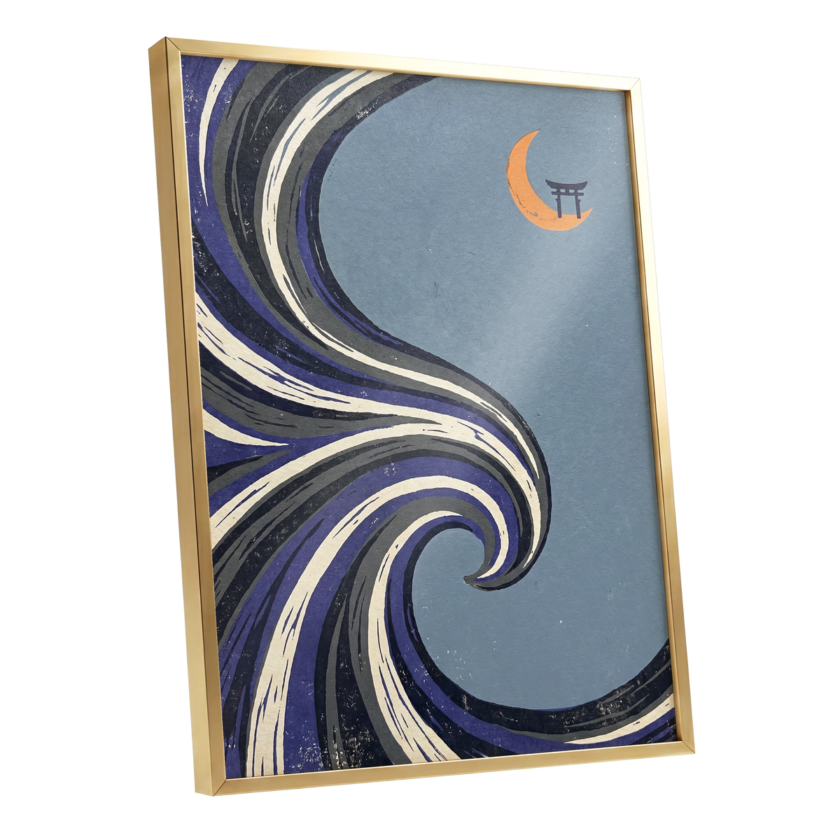 Crescent Current, blue, purple, black nature wall art shown as a gold framed poster wall art print