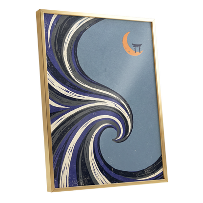 Crescent Current, blue, purple, black nature wall art shown as a gold framed poster wall art print