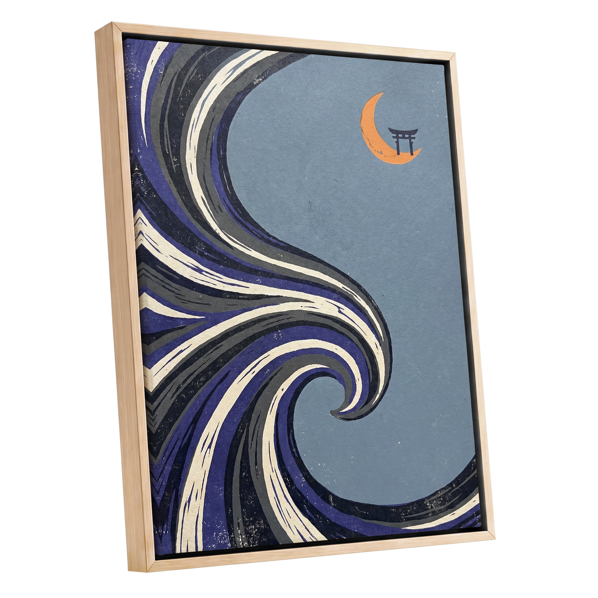 Crescent Current, blue, purple, black nature wall art shown as a oak framed canvas wall art