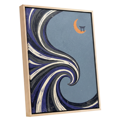 Crescent Current, blue, purple, black nature wall art shown as a oak framed canvas wall art
