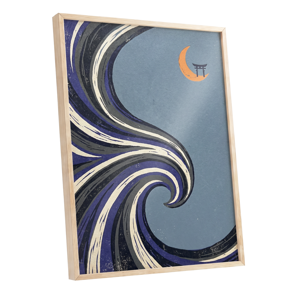 Crescent Current, blue, purple, black nature wall art shown as a oak framed poster wall art print