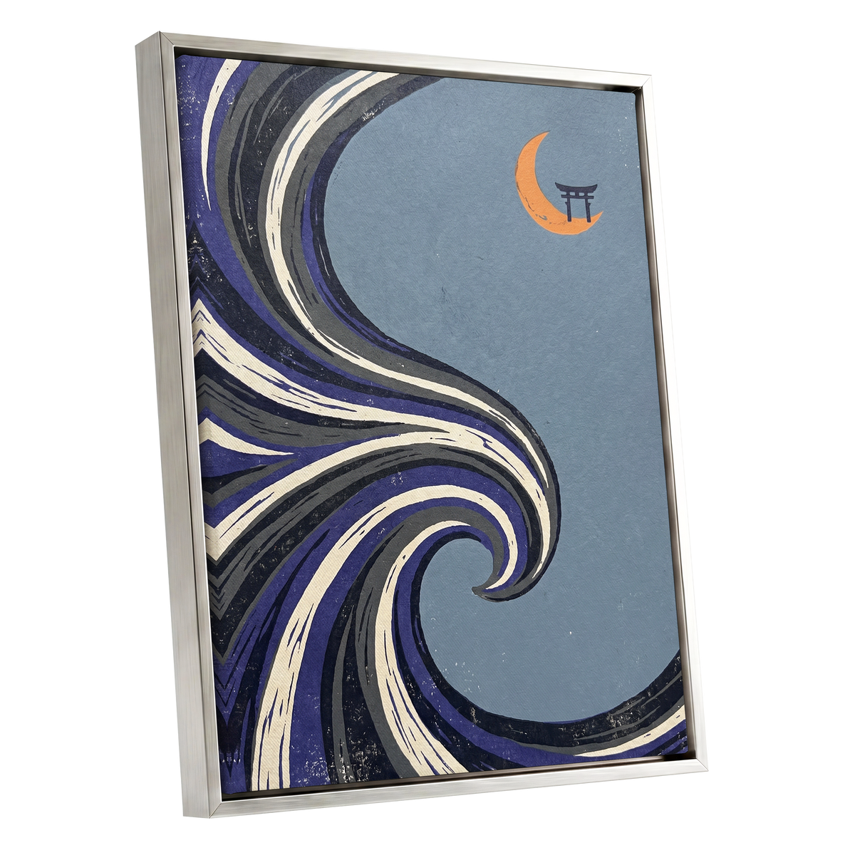 Crescent Current, blue, purple, black nature wall art shown as a silver framed canvas wall art