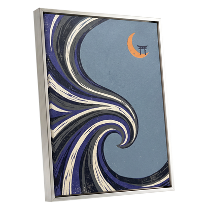 Crescent Current, blue, purple, black nature wall art shown as a silver framed canvas wall art