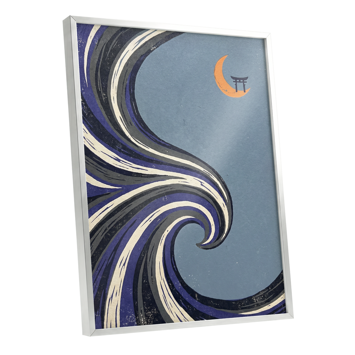 Crescent Current, blue, purple, black nature wall art shown as a silver framed poster wall art print