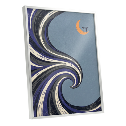 Crescent Current, blue, purple, black nature wall art shown as a silver framed poster wall art print