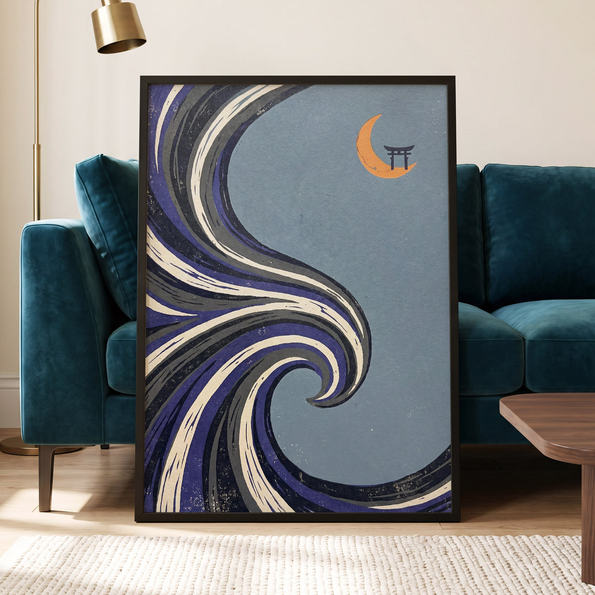 Crescent Current, blue, purple, black nature wall art displayed in a styled interior, gallery view 2