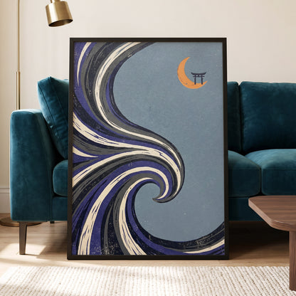 Crescent Current, blue, purple, black nature wall art displayed in a styled interior, gallery view 2