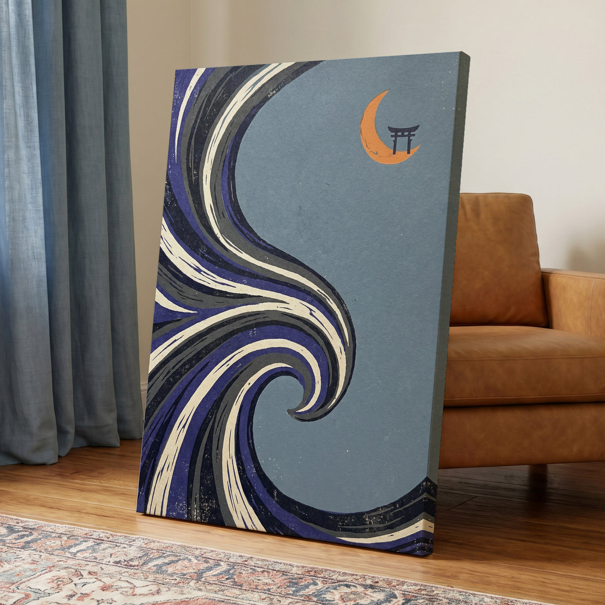 Crescent Current, blue, purple, black nature wall art displayed in a styled interior, gallery view 3