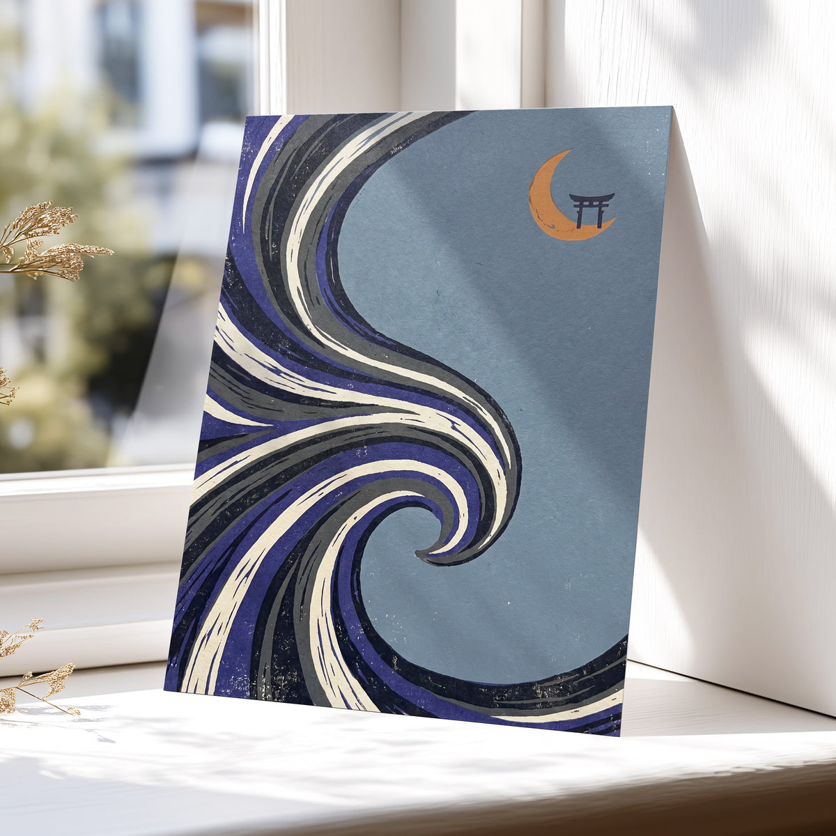 Crescent Current, blue, purple, black nature wall art displayed in a styled interior, gallery view 5