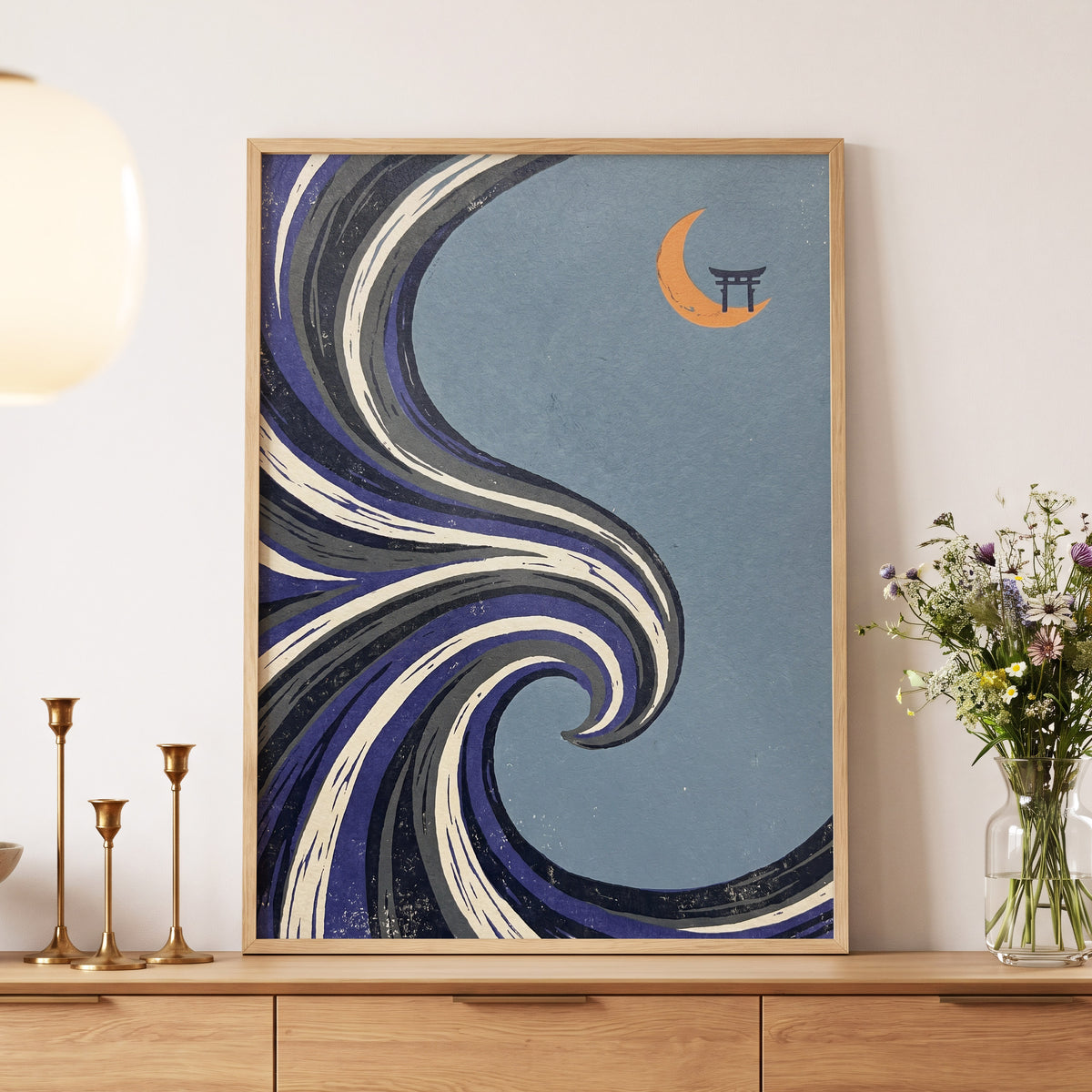 Crescent Current, blue, purple, black nature wall art displayed in a styled interior, gallery view 6