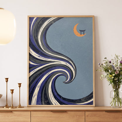 Crescent Current, blue, purple, black nature wall art displayed in a styled interior, gallery view 6