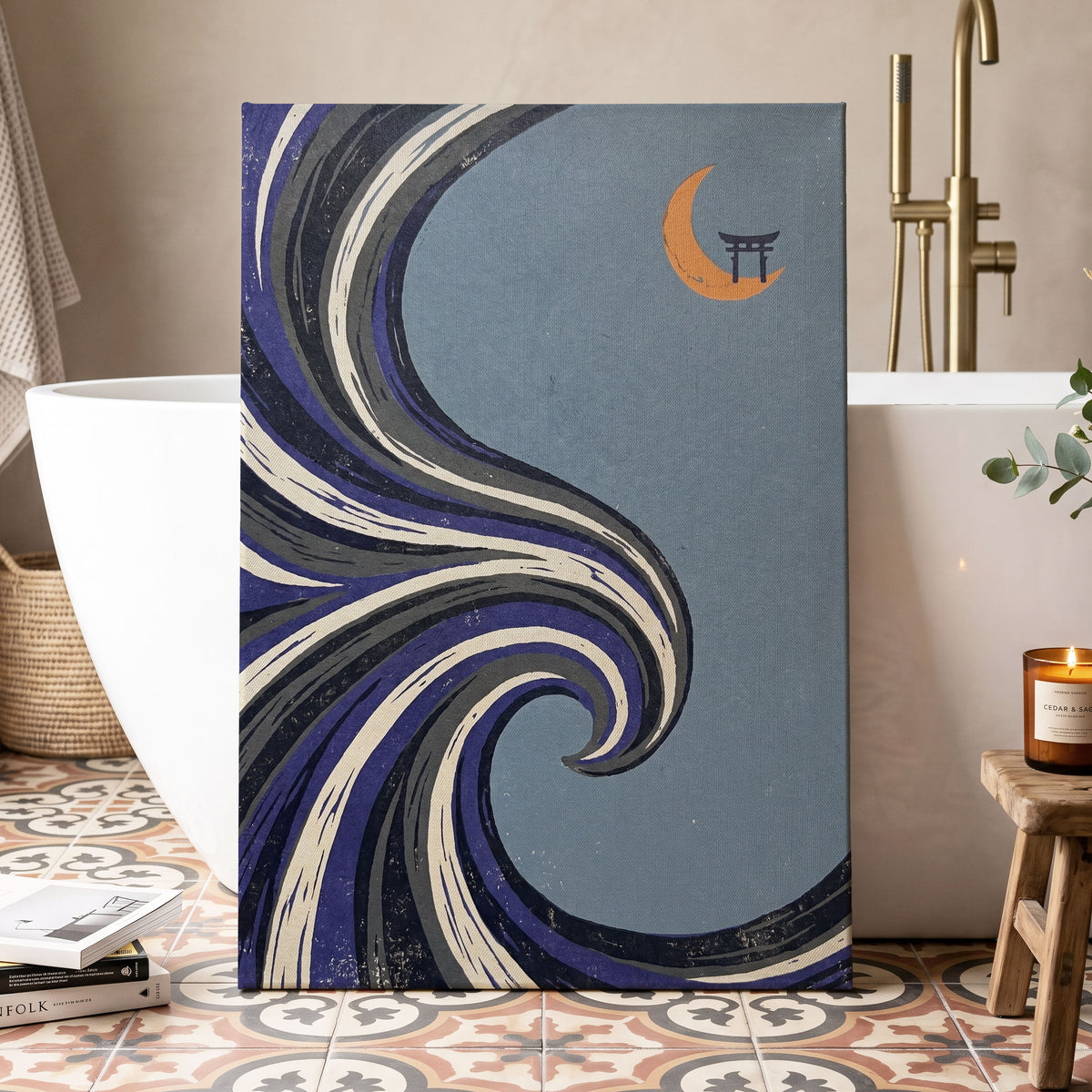 Crescent Current, blue, purple, black nature wall art displayed in a styled interior, gallery view 7