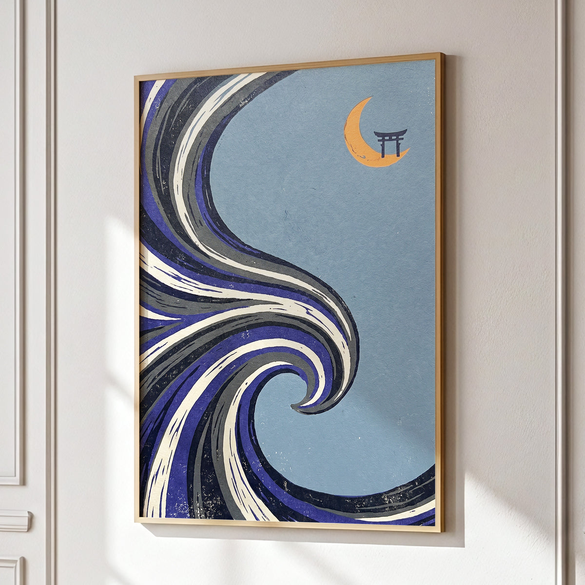 Crescent Current, blue, purple, black nature wall art displayed in a styled interior, gallery view 9