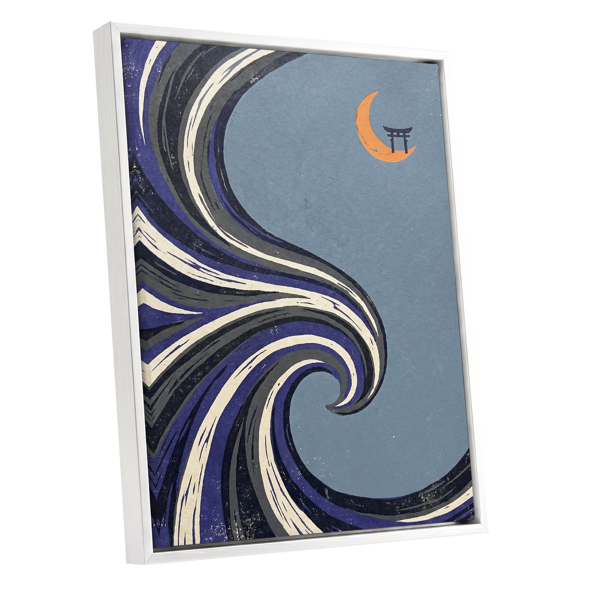 Crescent Current, blue, purple, black nature wall art shown as a white framed canvas wall art