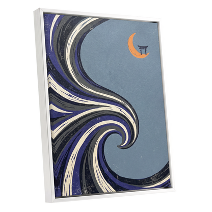 Crescent Current, blue, purple, black nature wall art shown as a white framed canvas wall art