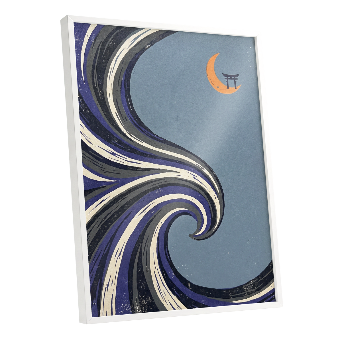 Crescent Current, blue, purple, black nature wall art shown as a white framed poster wall art print