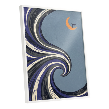 Crescent Current, blue, purple, black nature wall art shown as a white framed poster wall art print
