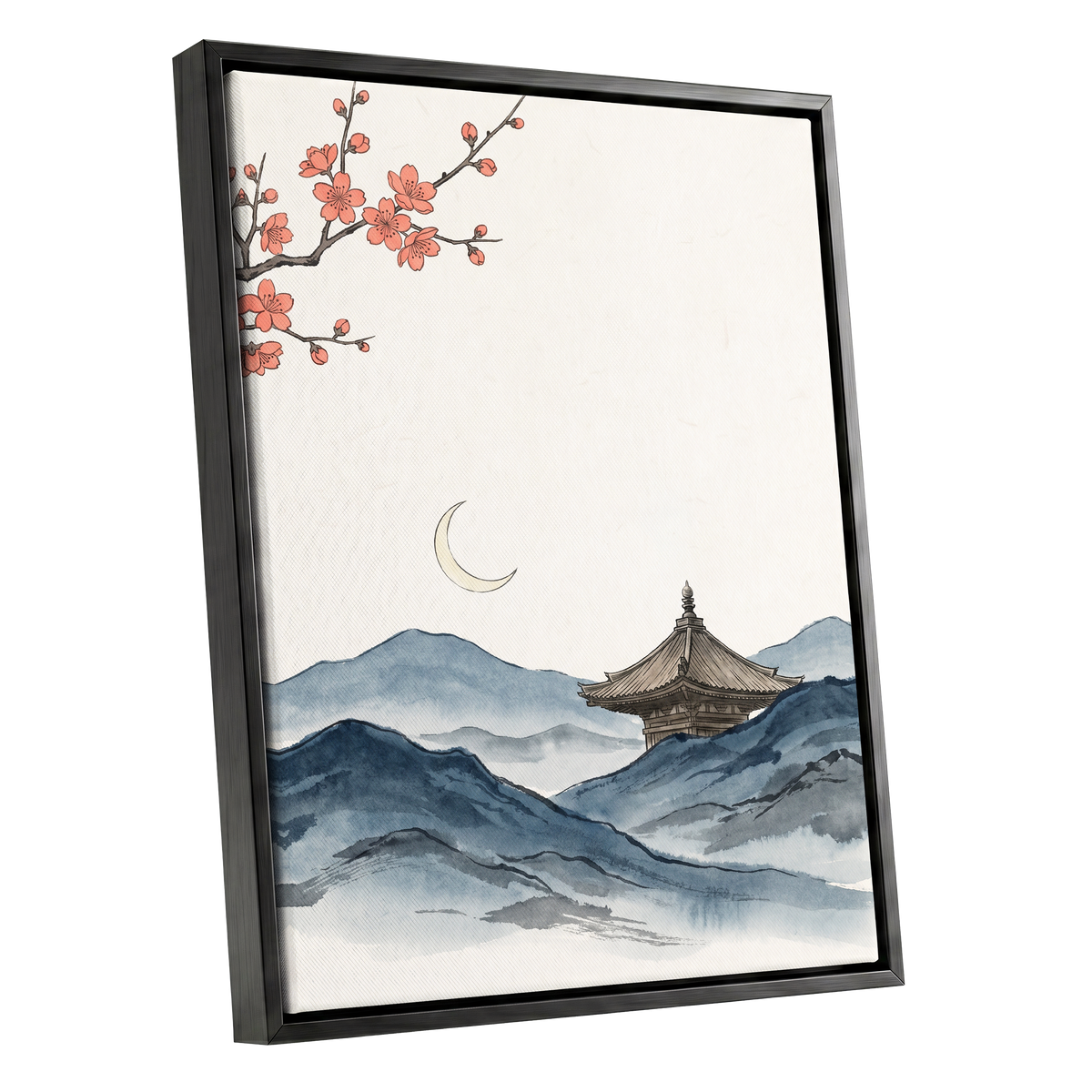 Crescent over Quiet Peaks, blue, beige, pink nature wall art shown as a black framed canvas wall art
