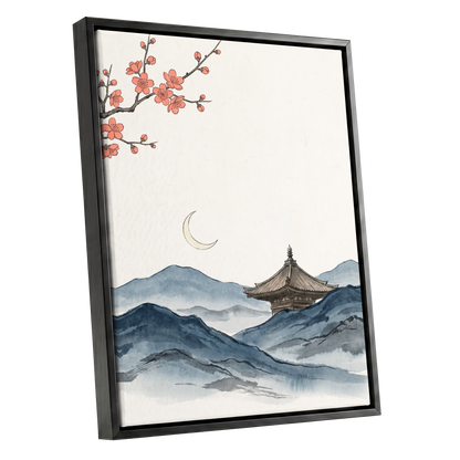 Crescent over Quiet Peaks, blue, beige, pink nature wall art shown as a black framed canvas wall art