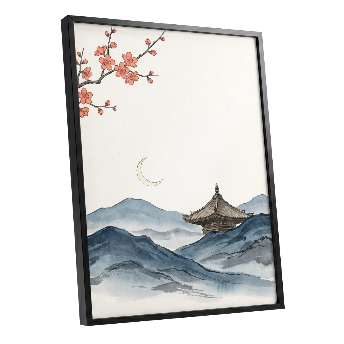 Crescent over Quiet Peaks, blue, beige, pink nature wall art shown as a black framed poster wall art print