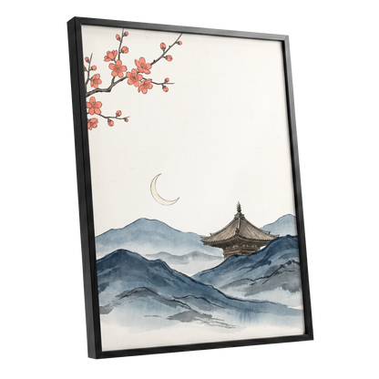 Crescent over Quiet Peaks, blue, beige, pink nature wall art shown as a black framed poster wall art print