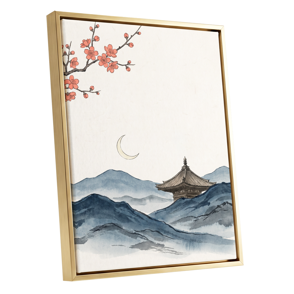 Crescent over Quiet Peaks, blue, beige, pink nature wall art shown as a gold framed canvas wall art