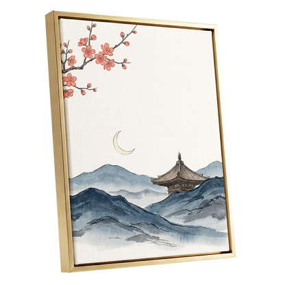 Crescent over Quiet Peaks, blue, beige, pink nature wall art shown as a gold framed canvas wall art