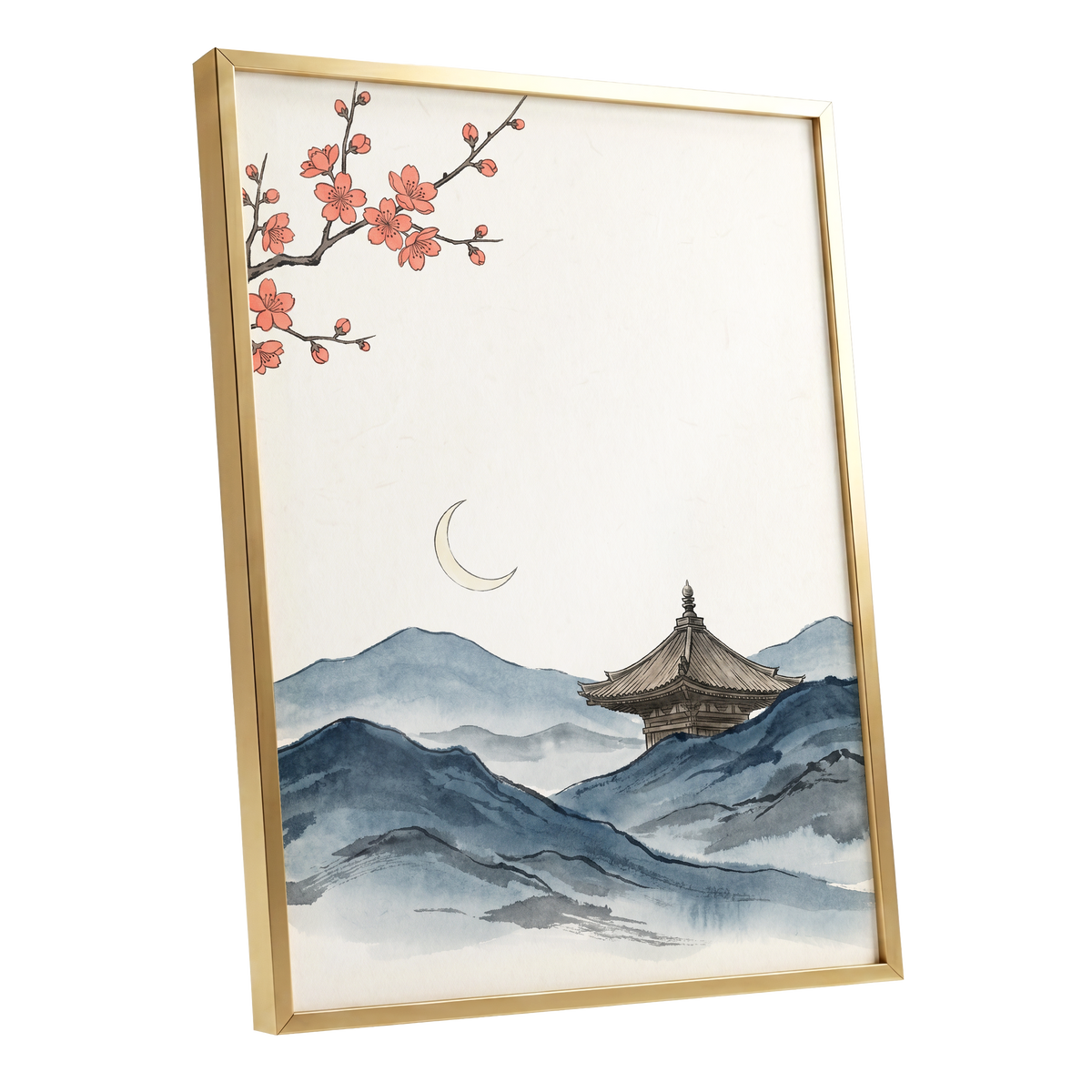 Crescent over Quiet Peaks, blue, beige, pink nature wall art shown as a gold framed poster wall art print