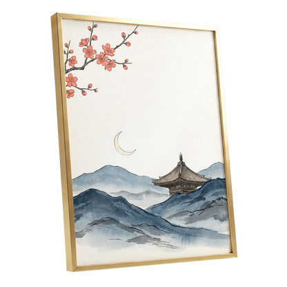 Crescent over Quiet Peaks, blue, beige, pink nature wall art shown as a gold framed poster wall art print