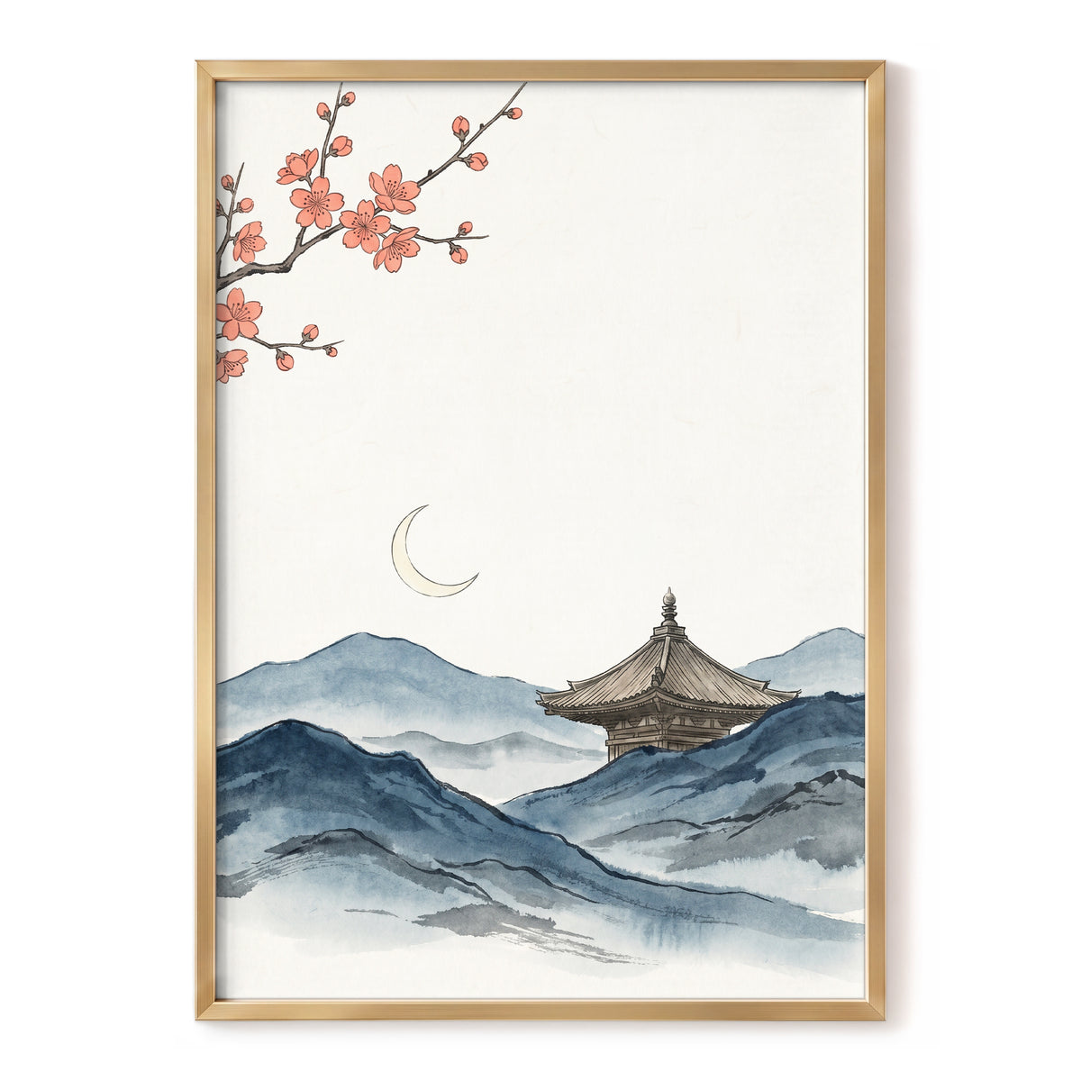 Crescent over Quiet Peaks, blue, beige, pink nature wall art, front artwork view