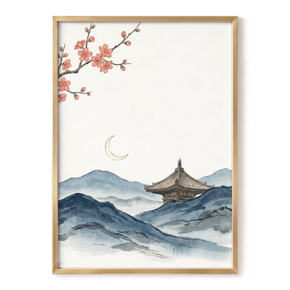 Crescent over Quiet Peaks, blue, beige, pink nature wall art, front artwork view