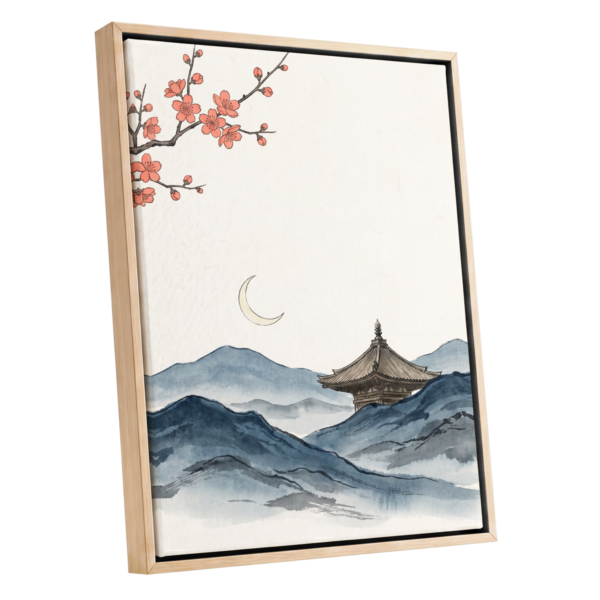 Crescent over Quiet Peaks, blue, beige, pink nature wall art shown as a oak framed canvas wall art