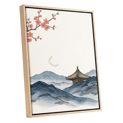 Crescent over Quiet Peaks, blue, beige, pink nature wall art shown as a oak framed canvas wall art