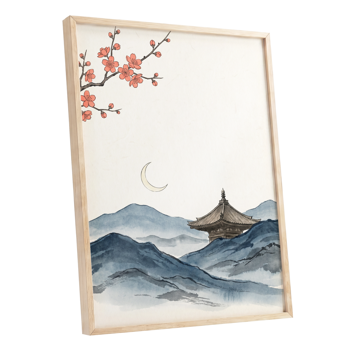 Crescent over Quiet Peaks, blue, beige, pink nature wall art shown as a oak framed poster wall art print