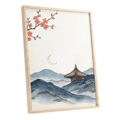 Crescent over Quiet Peaks, blue, beige, pink nature wall art shown as a oak framed poster wall art print