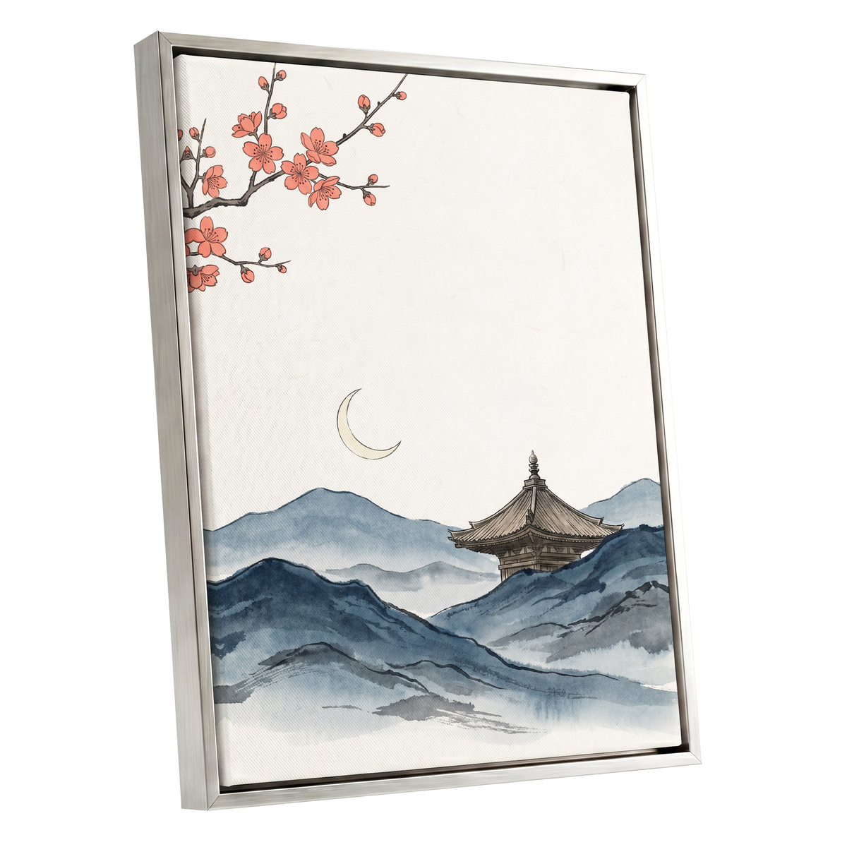 Crescent over Quiet Peaks, blue, beige, pink nature wall art shown as a silver framed canvas wall art
