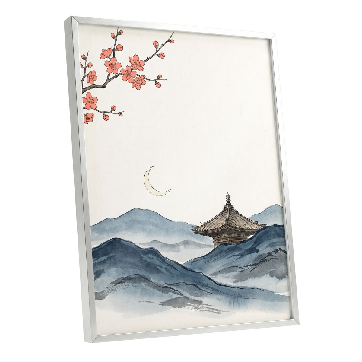Crescent over Quiet Peaks, blue, beige, pink nature wall art shown as a silver framed poster wall art print