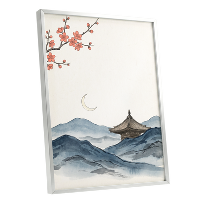 Crescent over Quiet Peaks, blue, beige, pink nature wall art shown as a silver framed poster wall art print