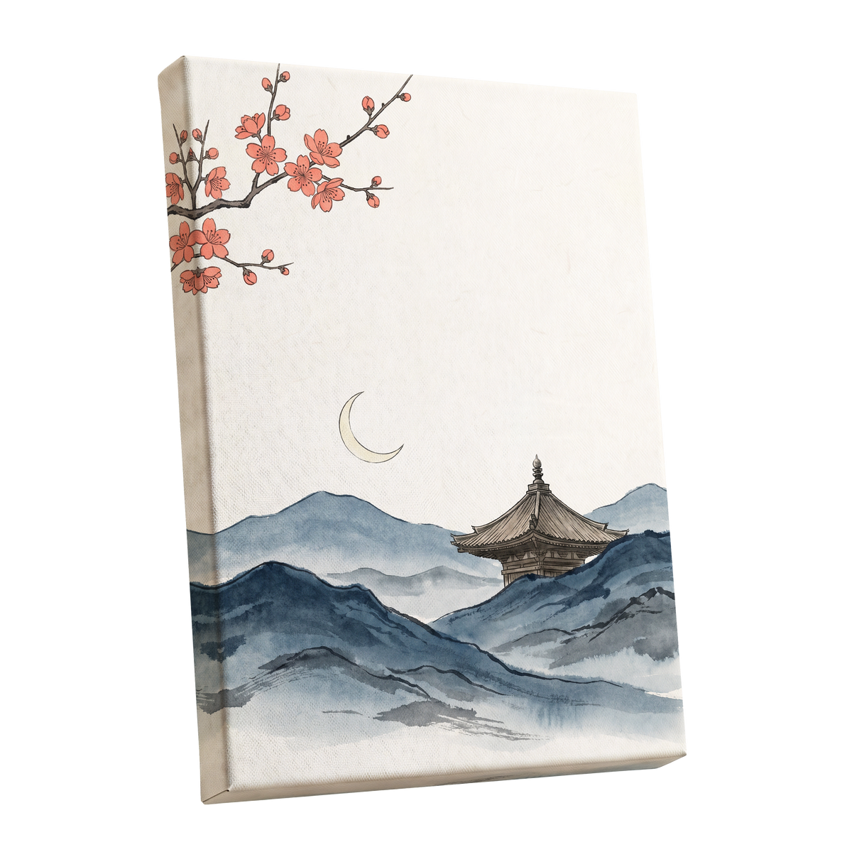 Crescent over Quiet Peaks, blue, beige, pink nature wall art shown as a stretched canvas wall art