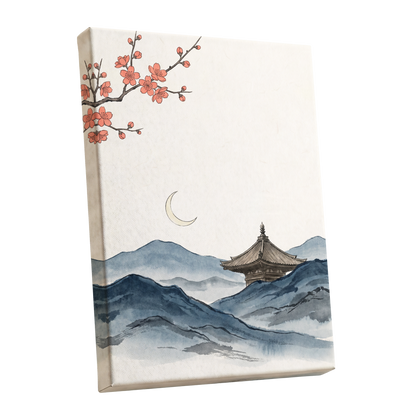 Crescent over Quiet Peaks, blue, beige, pink nature wall art shown as a stretched canvas wall art